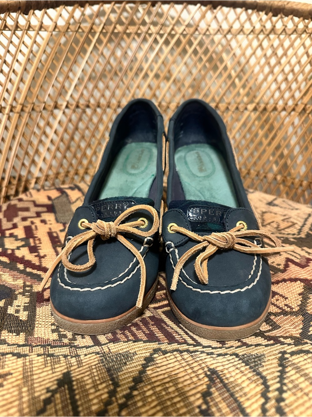 Sperry Top-Sider Navy and Green Plaid Suede Boat Flats with Tan Laces and